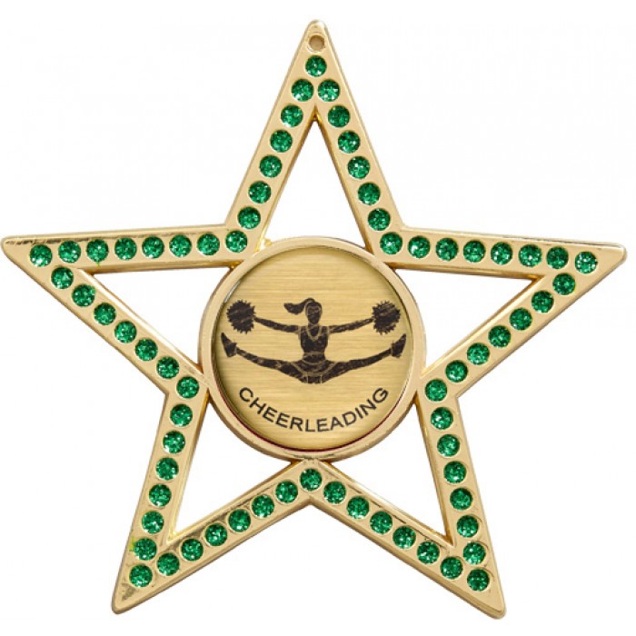 GREEN STAR CHEERLEADER MEDAL - 75MM -GOLD, SILVER, BRONZE 